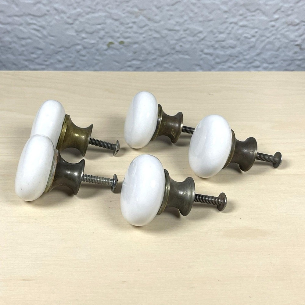 Lot Of 5 Vintage White Porcelain & Solid Brass Base Drawer Knobs Pulls Hardware
